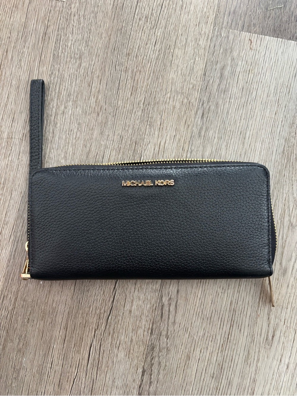 Michael Kors Black Leather Zip-Around Wristlet with Gold Logo